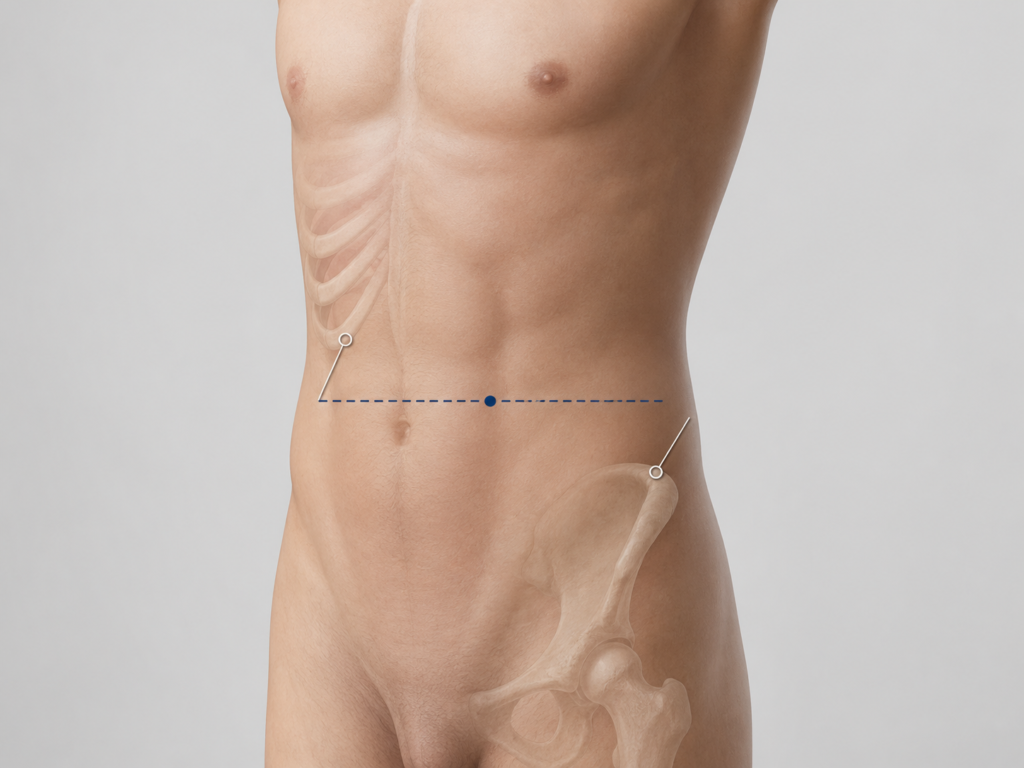 Infográfico ilustrando o ponto anatômico correto para medir a circunferência abdominal conforme protocolo do Ministério da Saúde e da OMS]