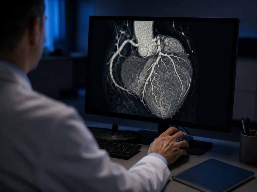 Médico analisando imagem de exame de imagem cardiovascular para diagnóstico de aterosclerose, como tomografia de coronárias ou ultrassonografia de carótidas