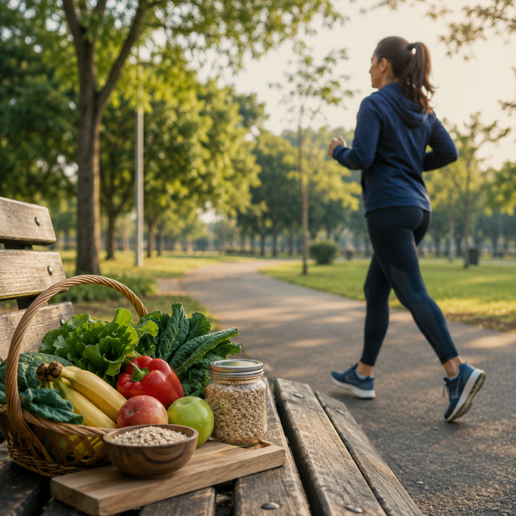 Pessoa praticando atividade física ao ar livre com alimentos saudáveis ao fundo, representando as principais estratégias para reduzir a circunferência abdominal e o risco cardiovascular