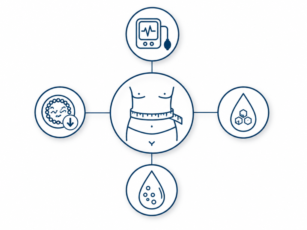 Infográfico com os critérios diagnósticos da síndrome metabólica, destacando a circunferência abdominal como critério central obrigatório pela IDF