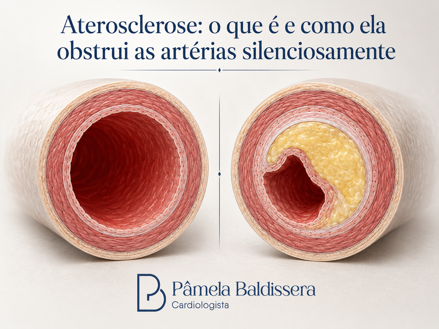 Ilustração comparando artéria saudável e artéria com placa de aterosclerose estreitando o lúmen, representando o processo de obstrução arterial