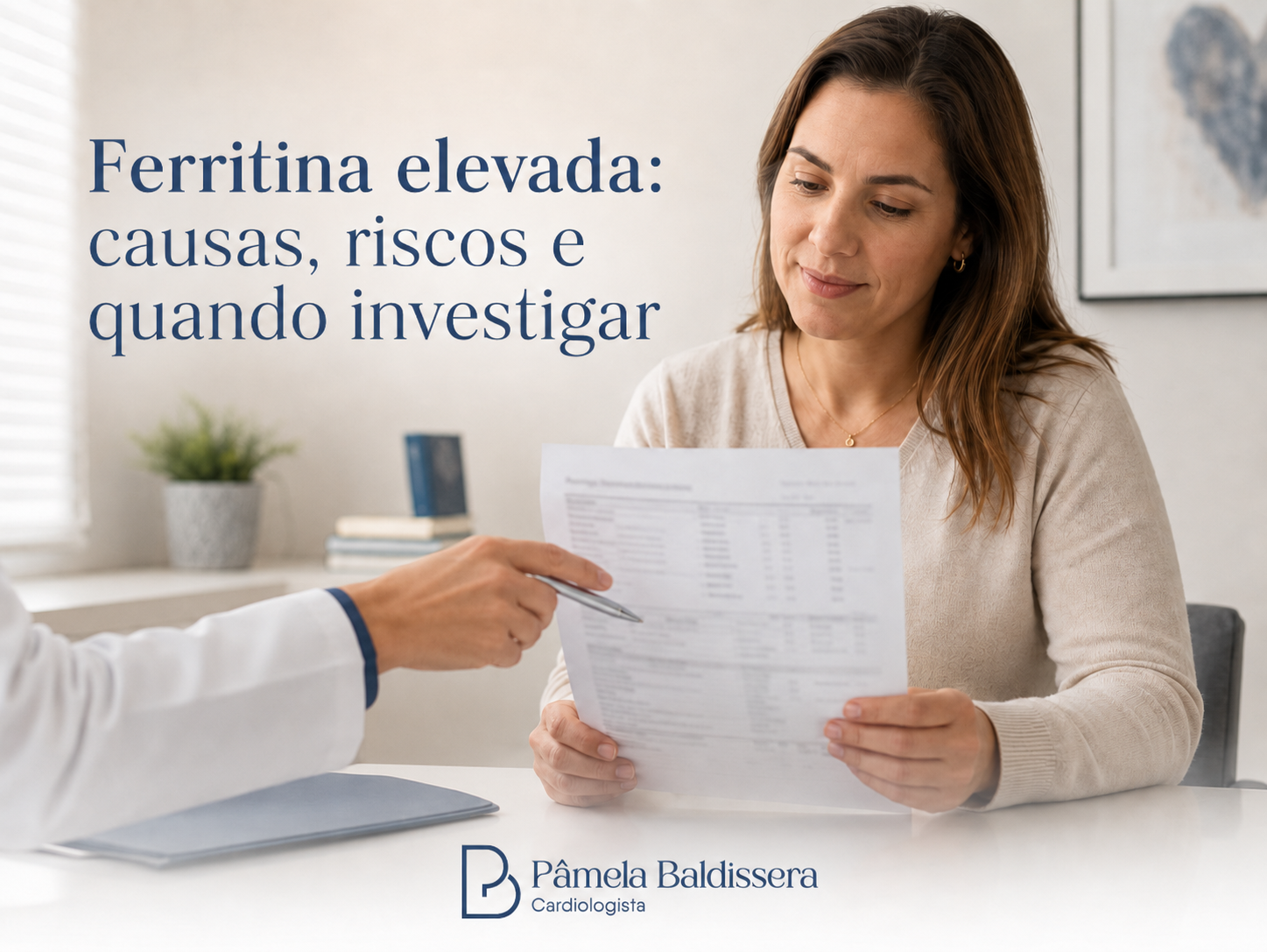 Paciente analisando resultado de exame de sangue com ferritina elevada em consultório médico